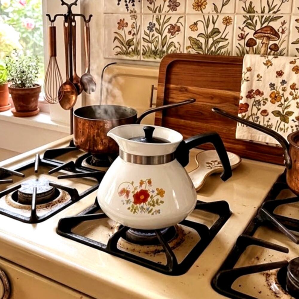 Corning Ware 6-cup teapot retro Wildflower floral pattern utility decor vintage